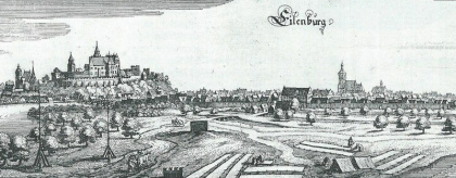 Eilenburg auf einem Merian-Stich (Ausschnitt) von um 1650. Rechts im Bild steht die Kirche St. Andreas und Nikolai.
