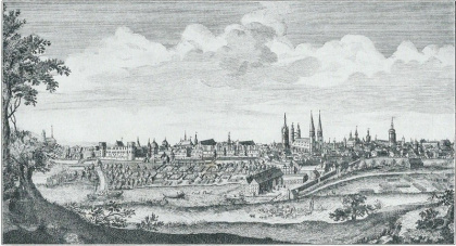 Halle a.d. Saale auf einem Kupferstich etwa von 1750. Rechts von der Mitte steht die Marktkirche Unser Lieben Frauen.